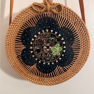 Bali Island Round Woven Rattan Bag with Floral Design